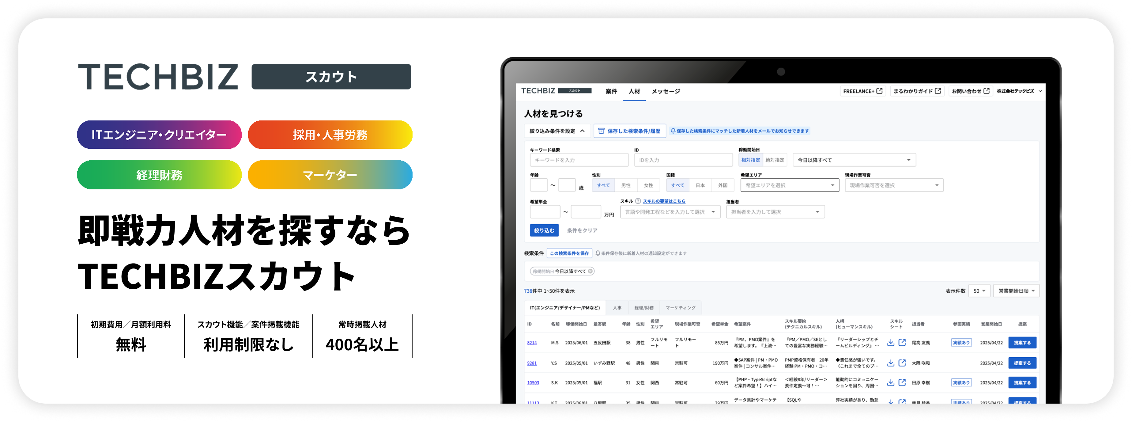 初期費用・月額利用料無料！即戦力人材探すならTECHBIZスカウト
